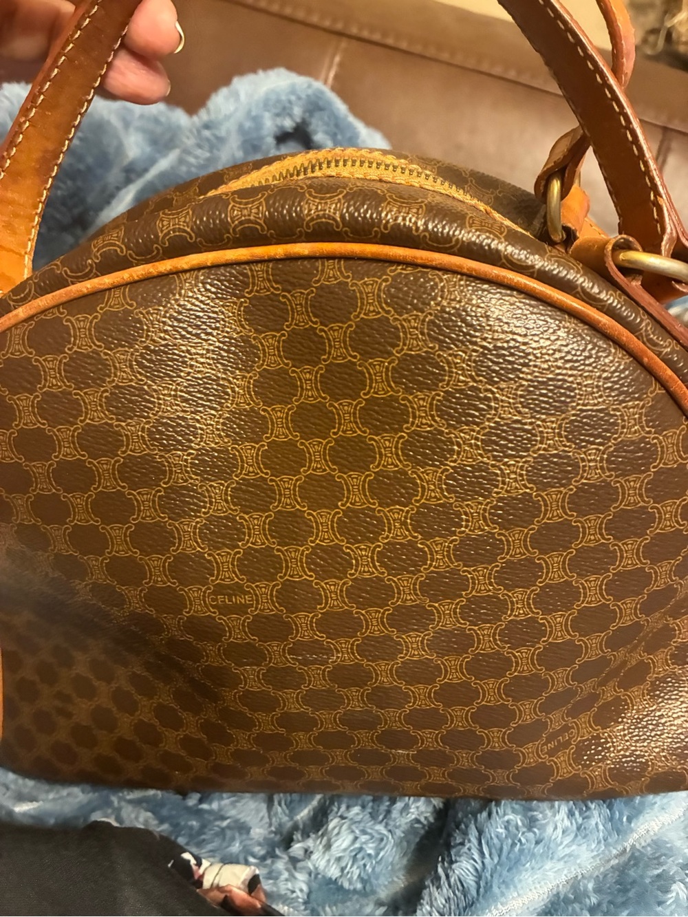 Celine Brown Patterned Dome Messenger Bag with Tan Trim - Picture 2 of 8